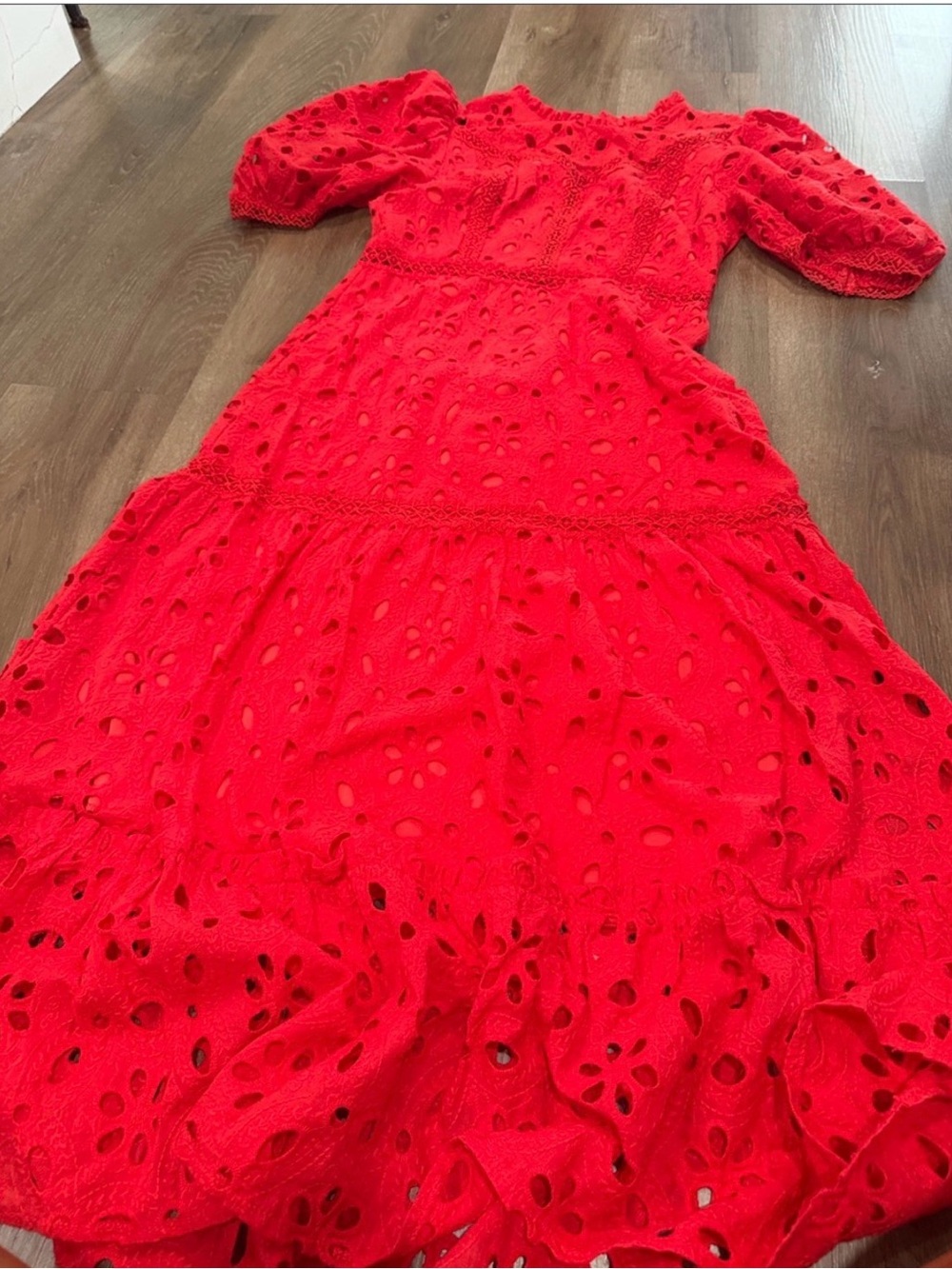 Vibrant Red Eyelet Maxi Dress with Puff Sleeves